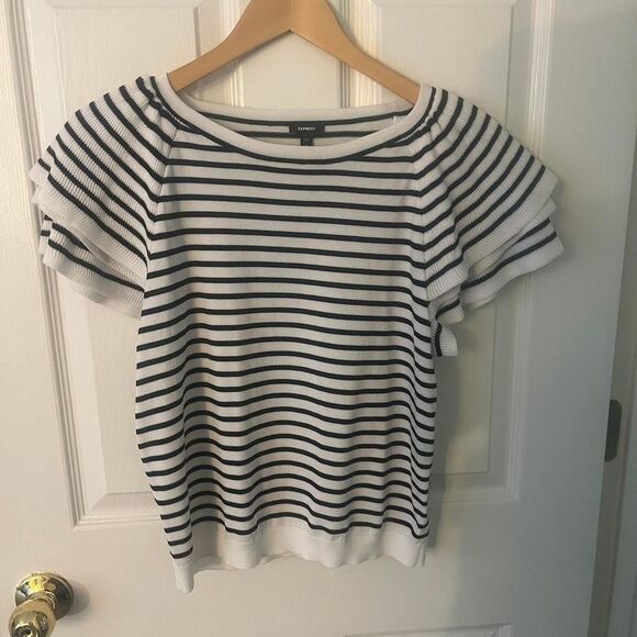 Express Black and White Striped Short Sleeve Top - Picture 1 of 3